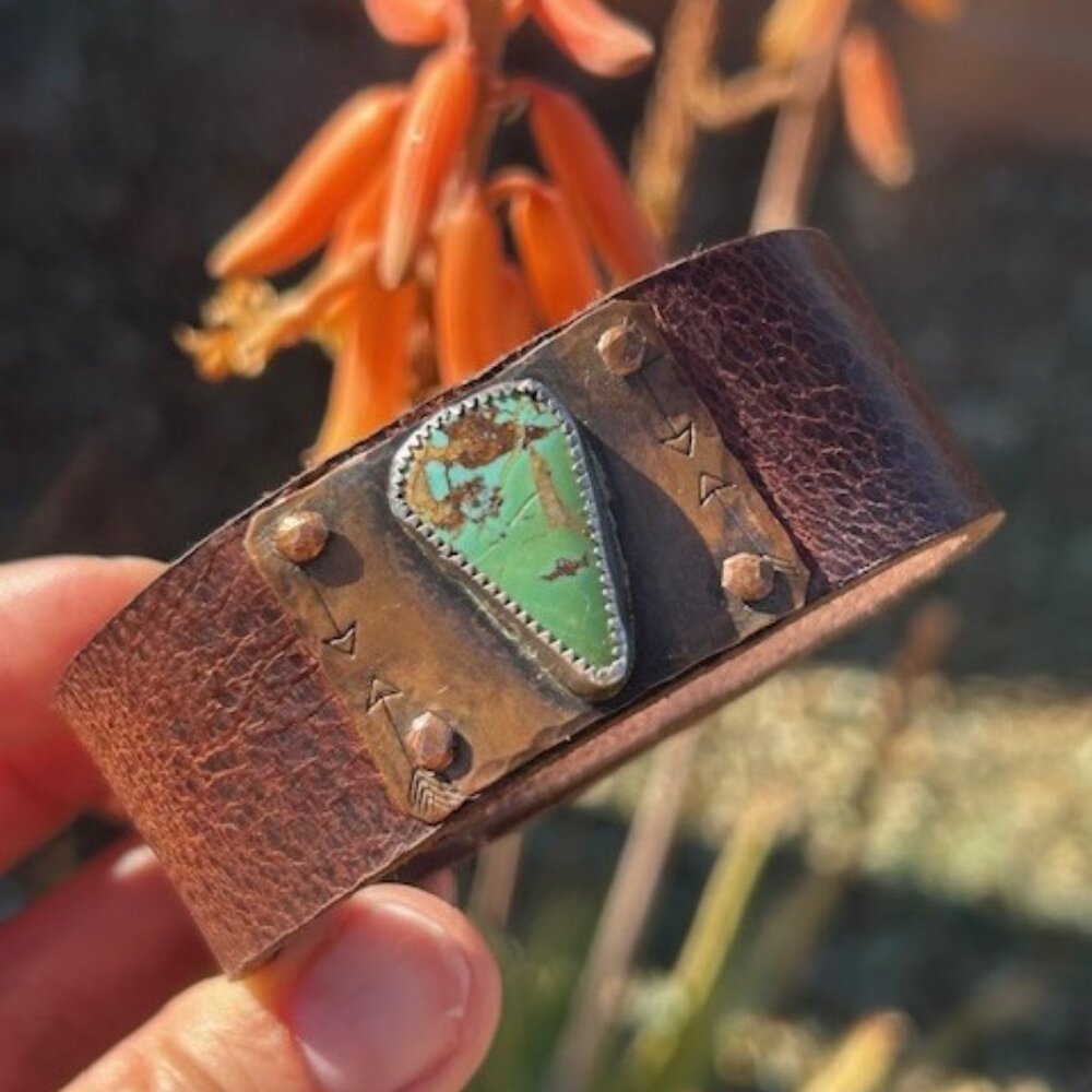 PILOT MOUNTAIN LEATHER Turquoise Copper Brass Plate Cuff BRACELET